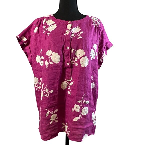 Ann Taylor Floral Linen Framed Popover Short Rolled Sleeve Pink Magenta Large - Picture 2 of 6